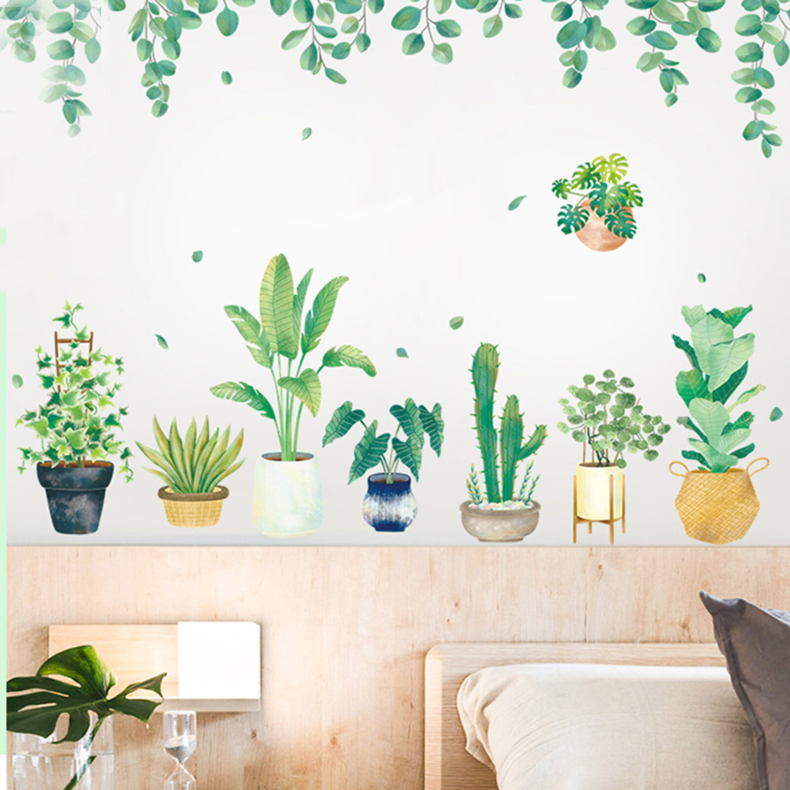 Green Potted Plants WALL STICKER Hanging Leaves Removable PVC Living Room Home