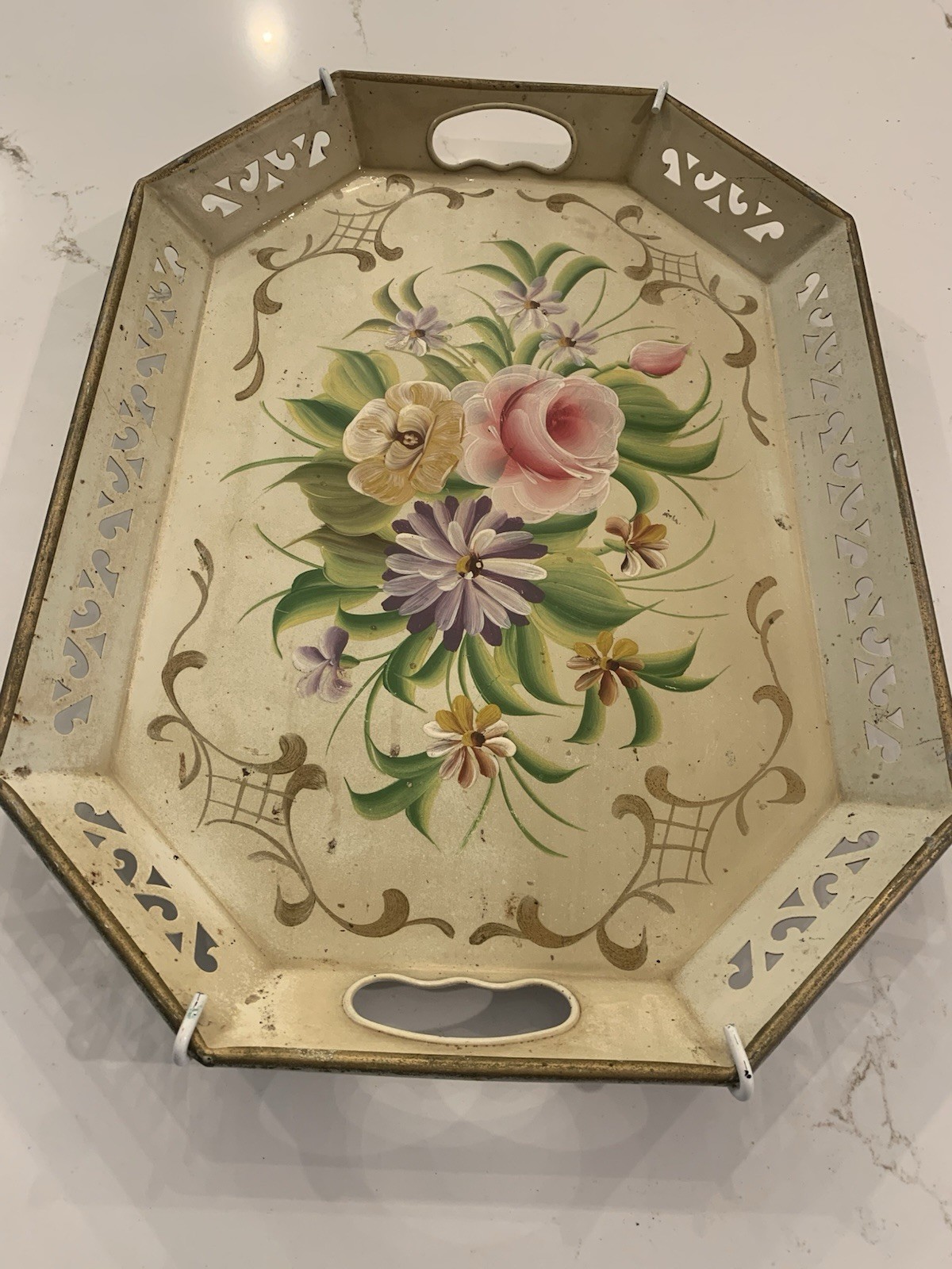 Vintage 1940’s Floral Hand Painted Metal Tray Handled Toleware Wall Art 18”