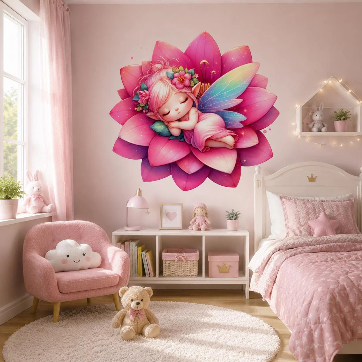 Sleeping Fairy Wall Vinyl Decal | Cute Pink Lotus Flower Fairy Sticker