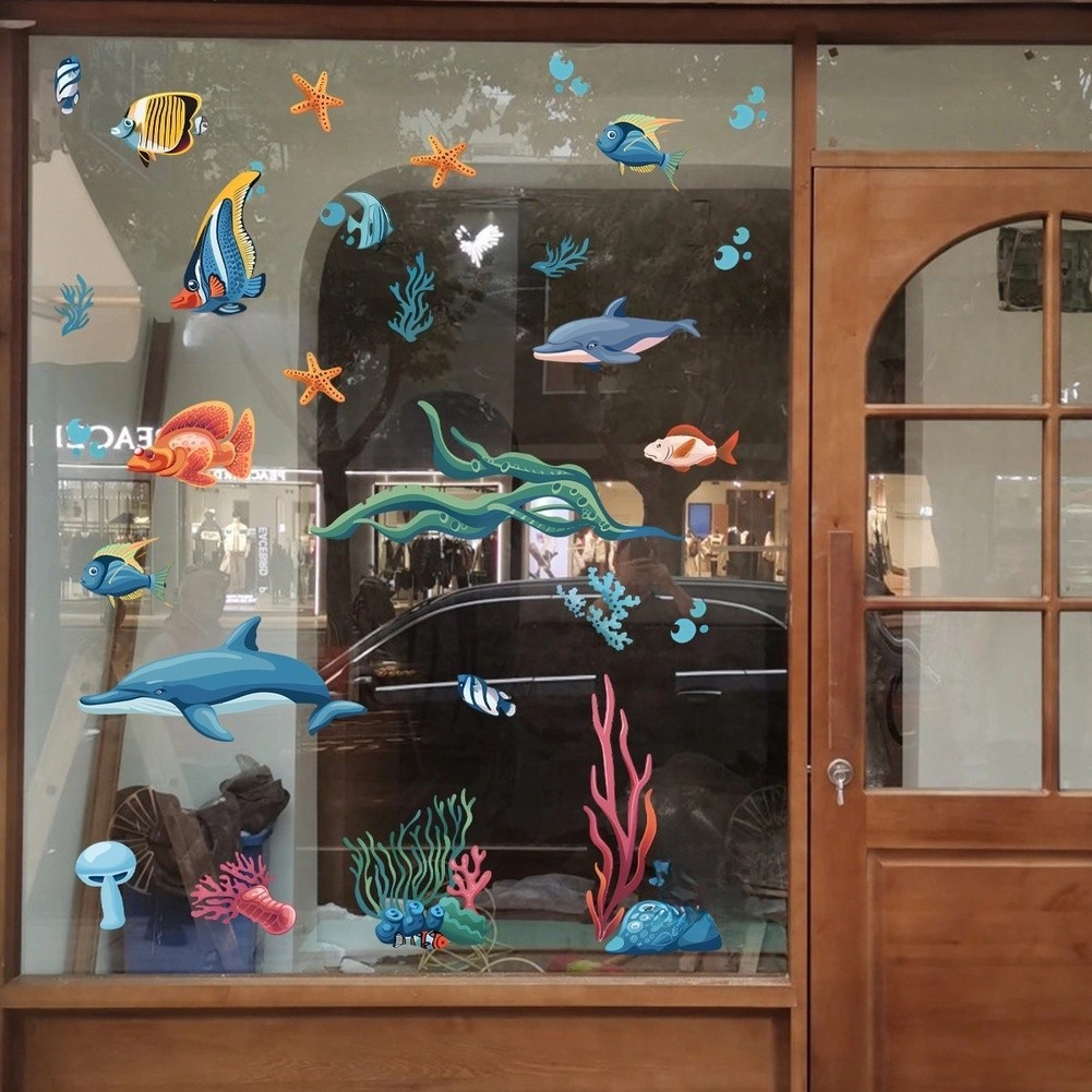 Cartoon Underwater World Window Sticker for Glass Surfaces 11.81 x 35.43 in PVC