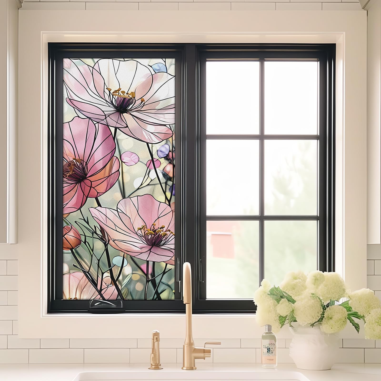 23. 6 x 35. 4 Inch Pink Poppy Glass Window Film Decorative Large Floral Non A…