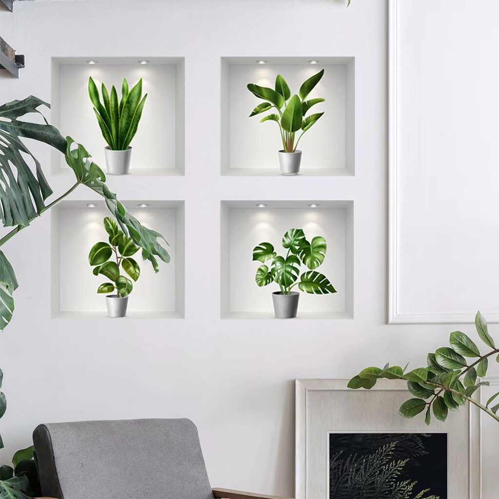 Green Pot Plants Fresh Leaves Wall Decals Window Stickers Plant Mural Home Decor