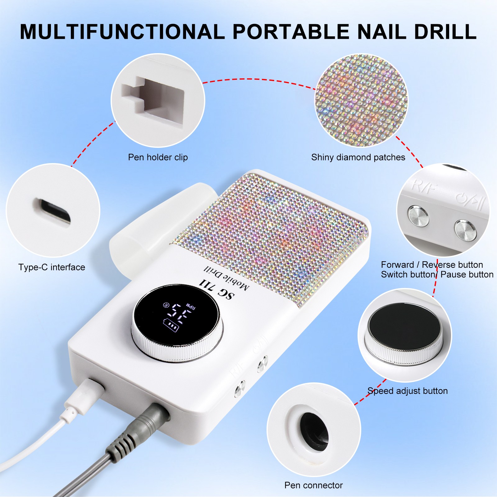 Professional Electric Cordless Nail Drill File-Glitter Portable Cordless E-File