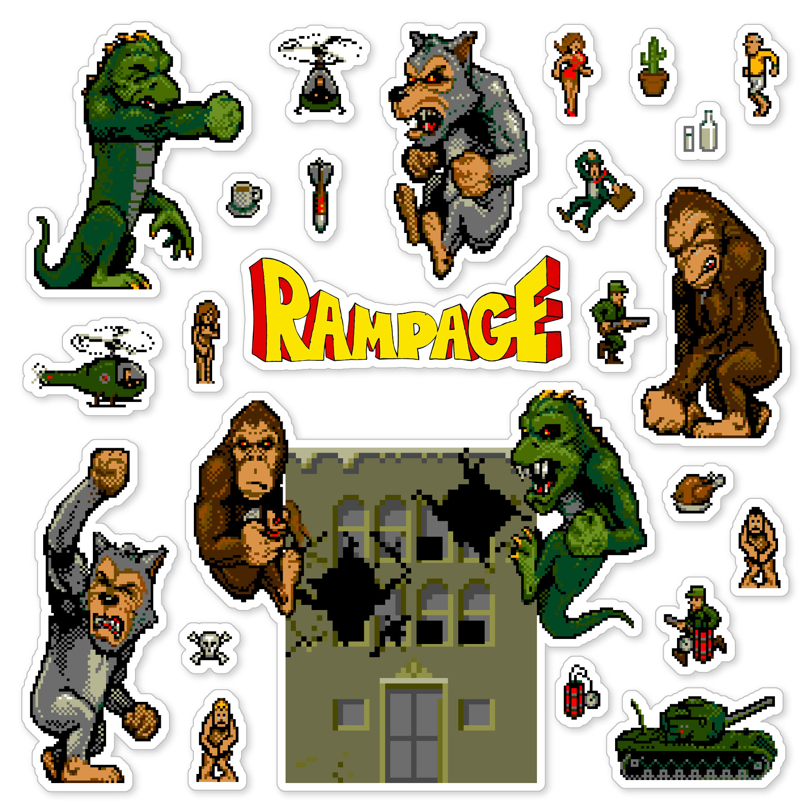 Rampage Stickers Arcade Game Pixel Art 24 Sticker Pack