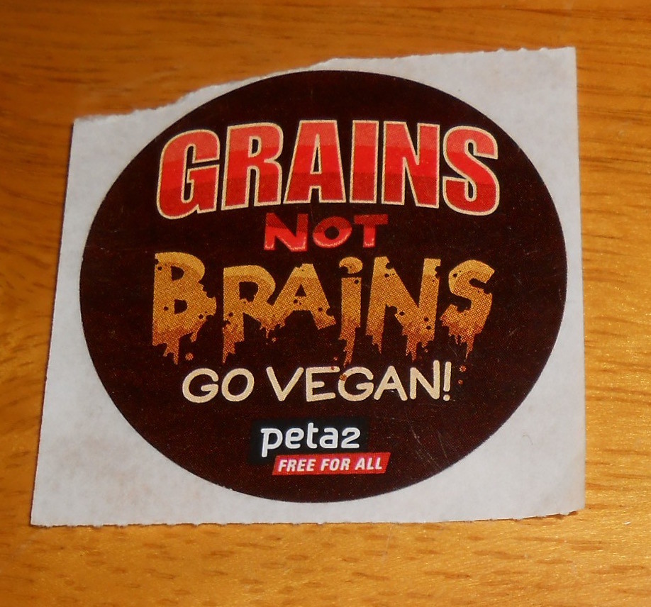 Peta Grains not Brains Go Vegan! Sticker Original Promo (circle) 1.75“