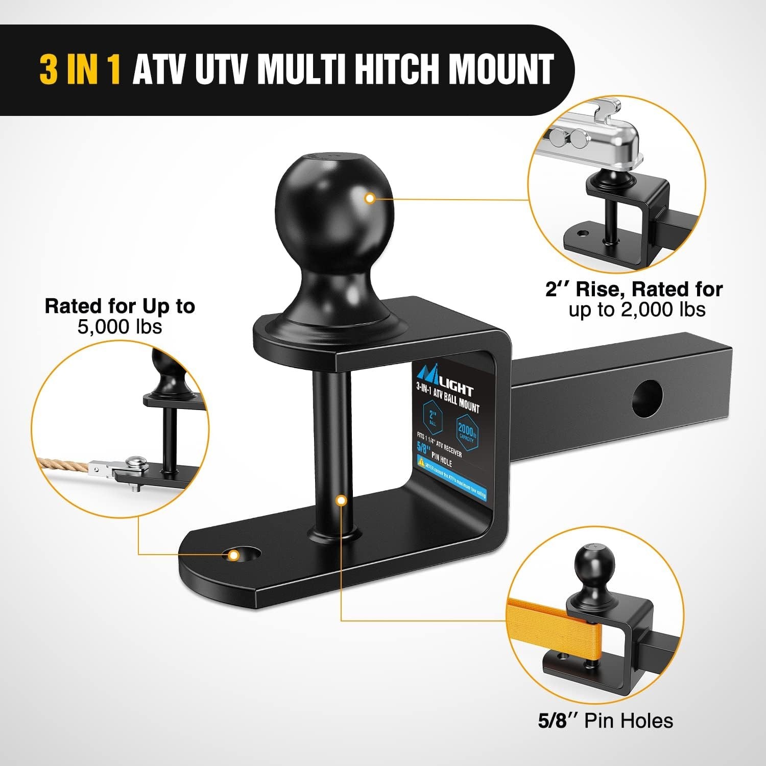 3 in 1 ATV UTV Multi Hitch Mount Fits 1-1/4" Receiver with 2 inch Ball Hitch …