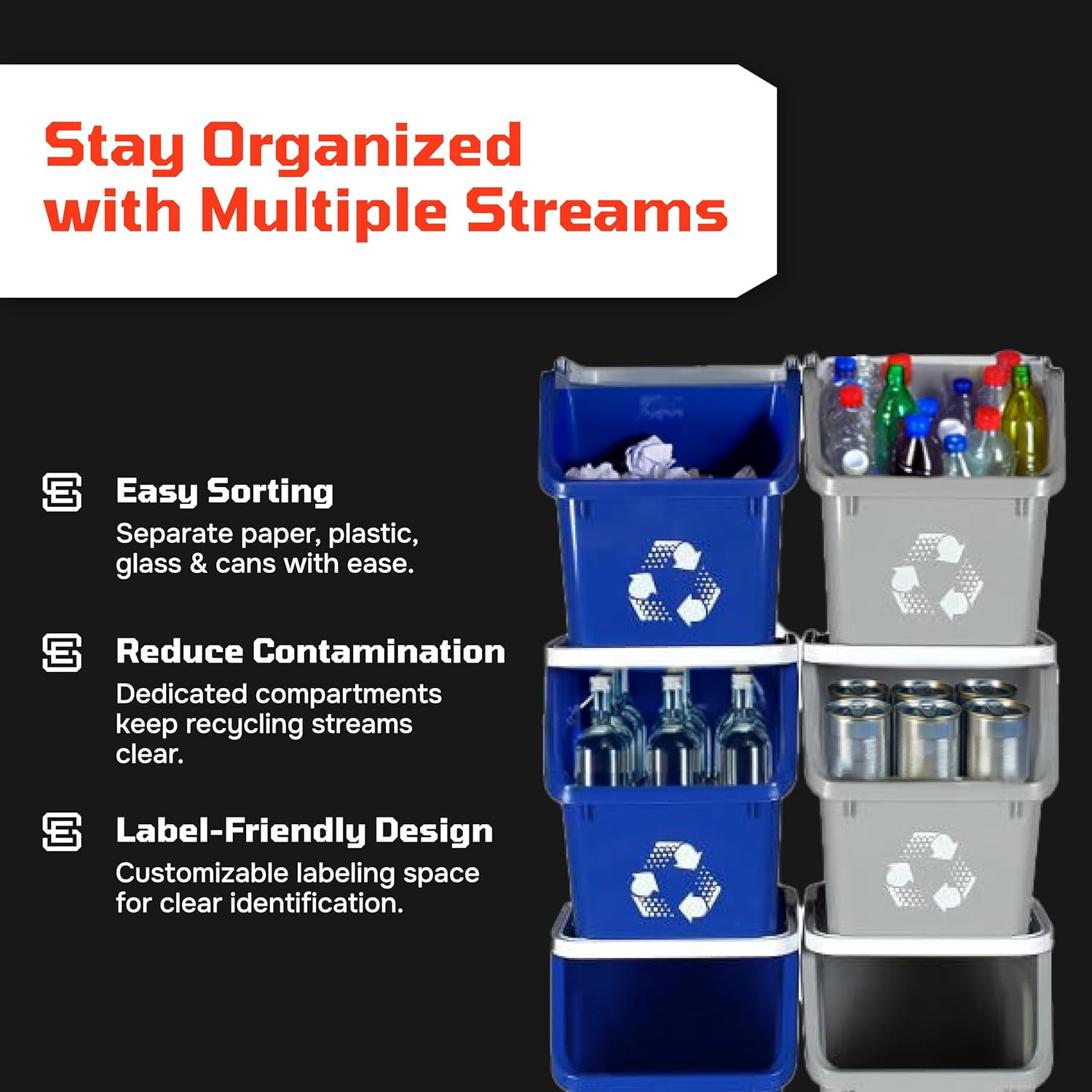 Multi Bin Recycling System with Three Stackable 6 Gallon Recycle Bins for Kitche