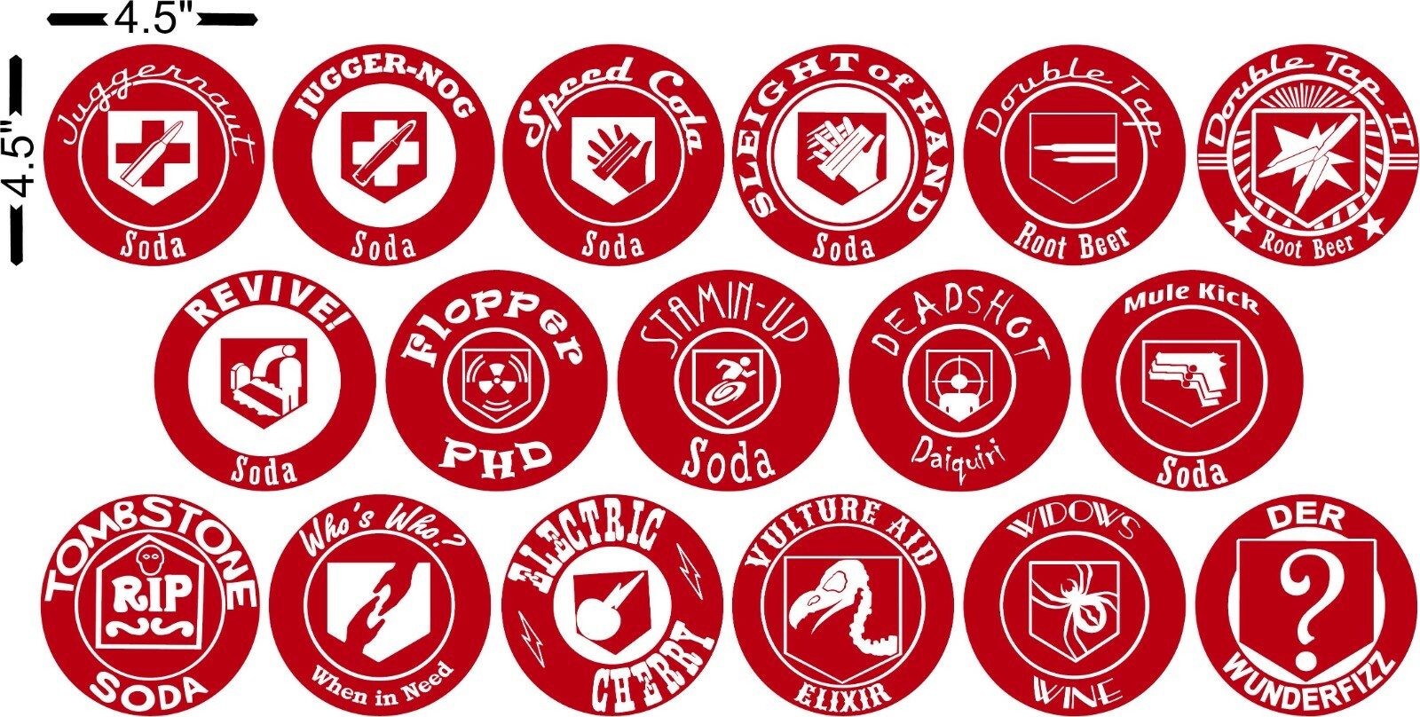 Full Set of 17 Zombie Perk Logo Stickers for Indoor – 4.5 inch Gaming Decals