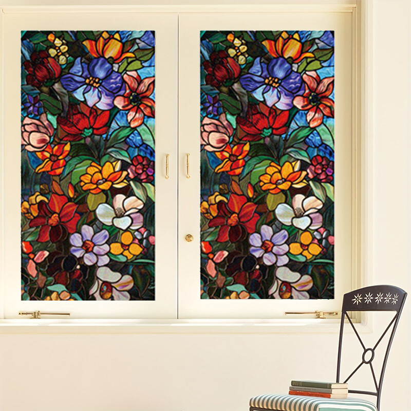 Flower Stained Glass Window Film Privacy Frosted Glass Film Static Cling Sticker