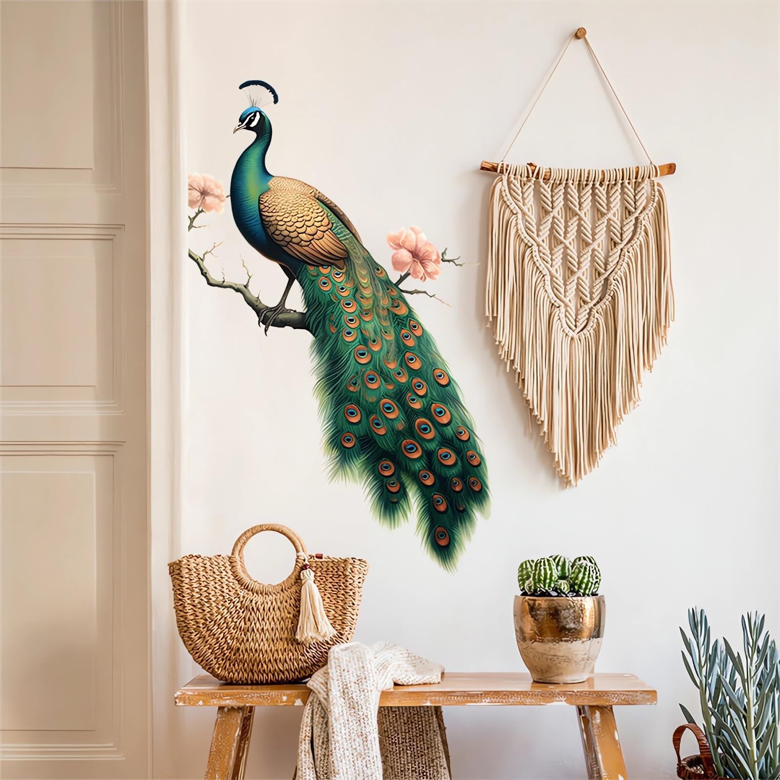 Green Peacock Peach Blossom Painted Wall Stickers, sacinora Beautiful Art Wal…