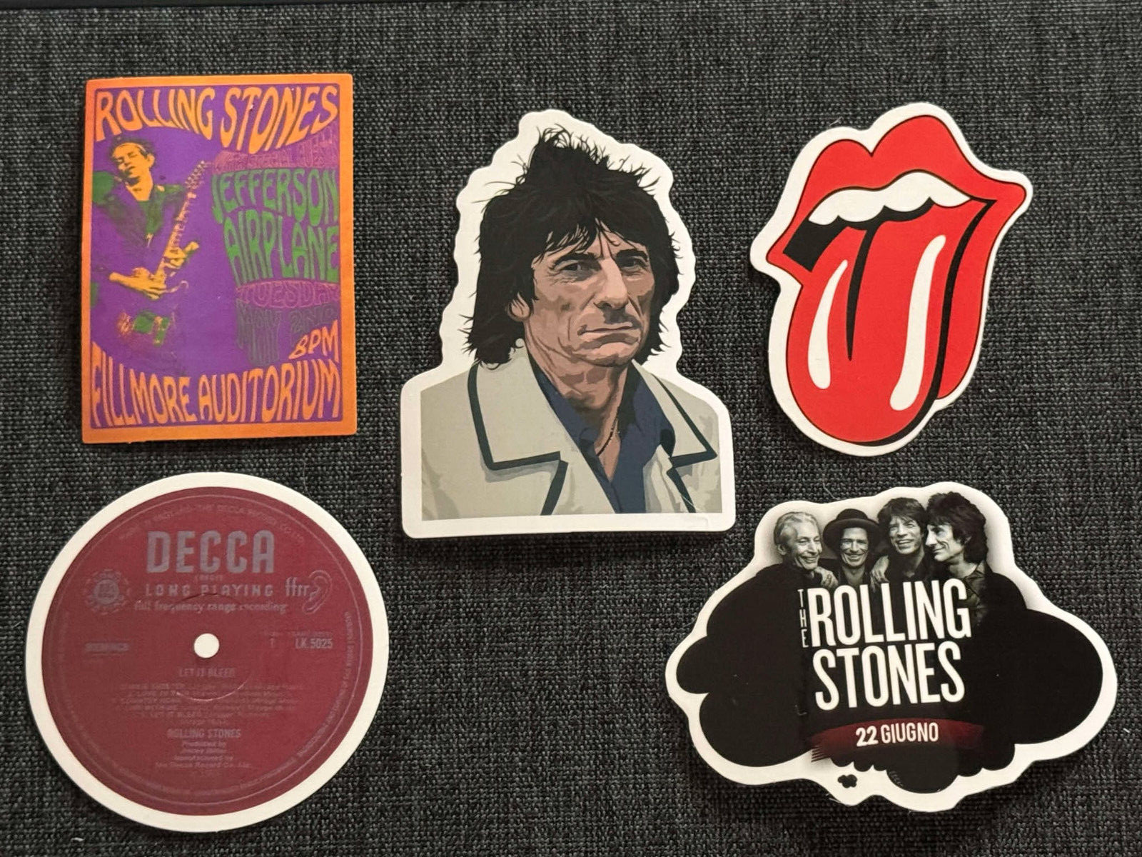 Lot (5) THE ROLLING STONES 1 3/4" to 3" Band PHOTO Logo STICKERS Fast! FREE SHIP