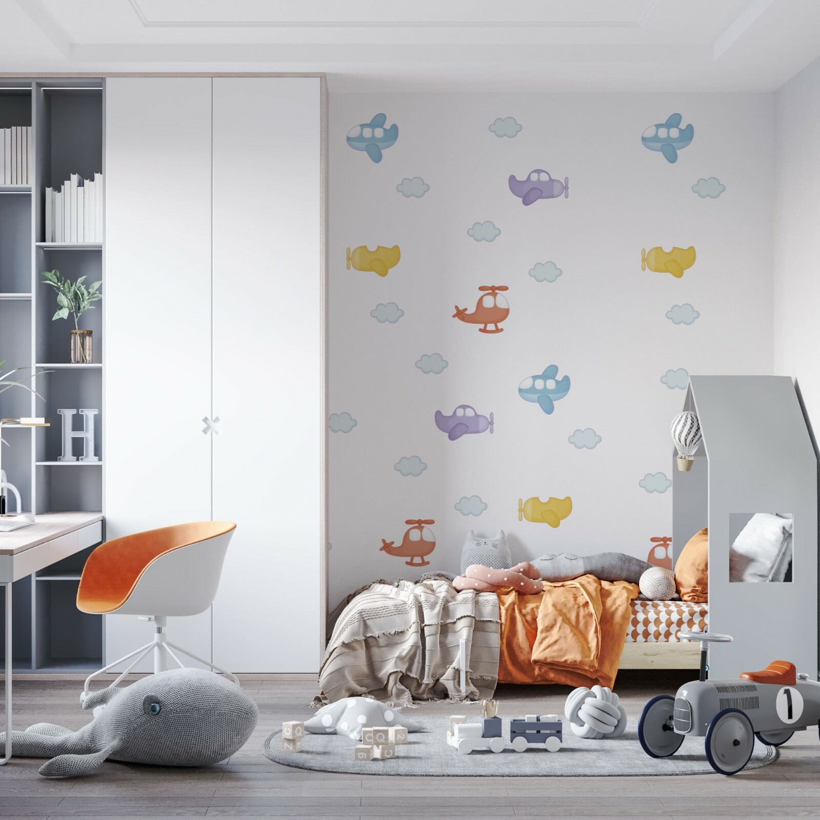 Vinyl Multicolored Decor Airplanes Clouds Design Adhesive Home Wall Decal Sheet