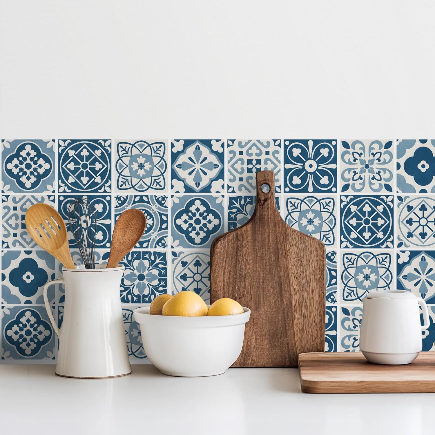 30 Pack Blue and White Peel and Stick Backsplash, 4×4 Inch Mediterranean Tile…