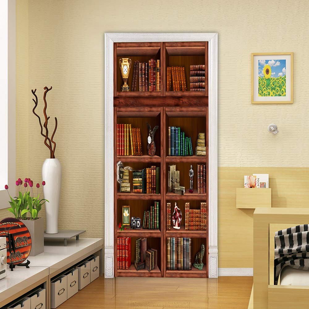 3D Book Shelf Door Mural Wallpaper Stickers -Adhesive Decor Removable for Hom…