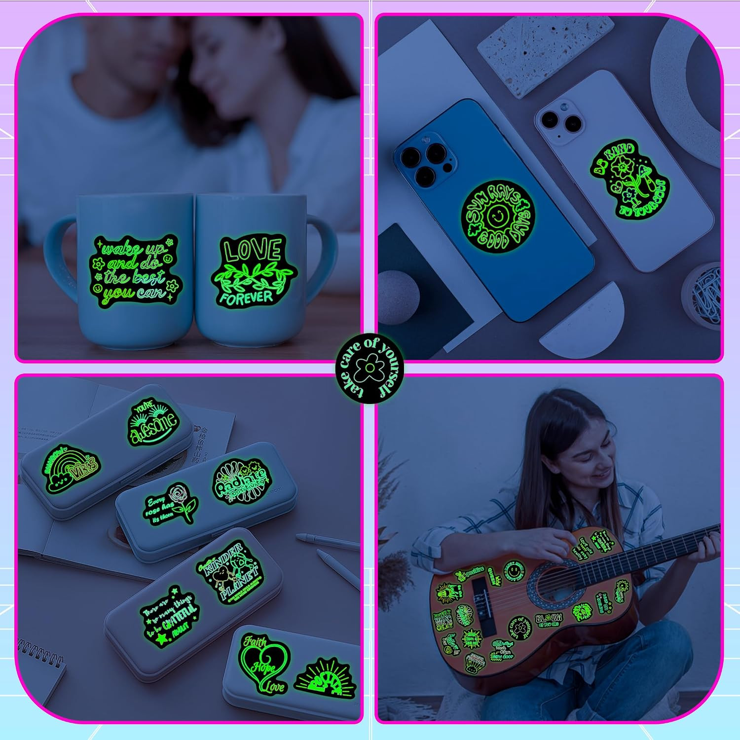 Glow in the Dark Inspirational Quotes Water Bottle Neon Stickers | 50 Pcs, Water