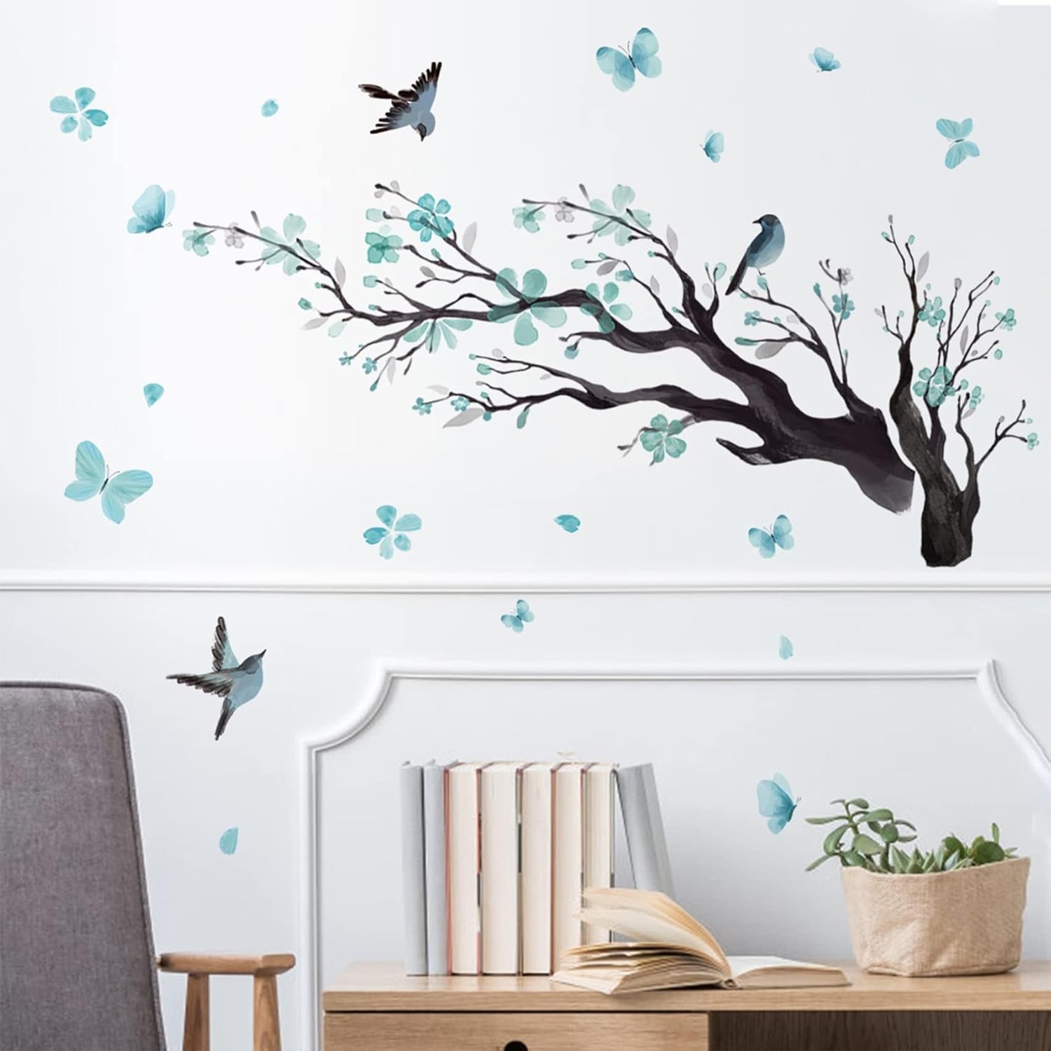 Blue Watercolor Flower Wall Decals Romantic Bird Tree Murals for Kids Rooms