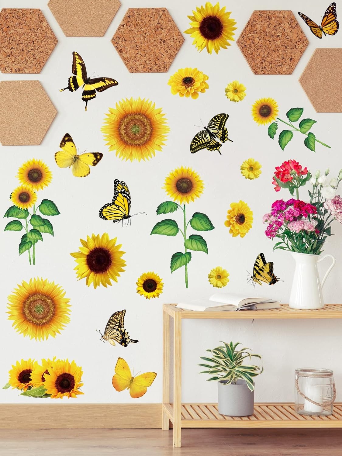53 Pcs Sunflower Daisy Wall Decals Butterfly Stickers, Waterproof Yellow
