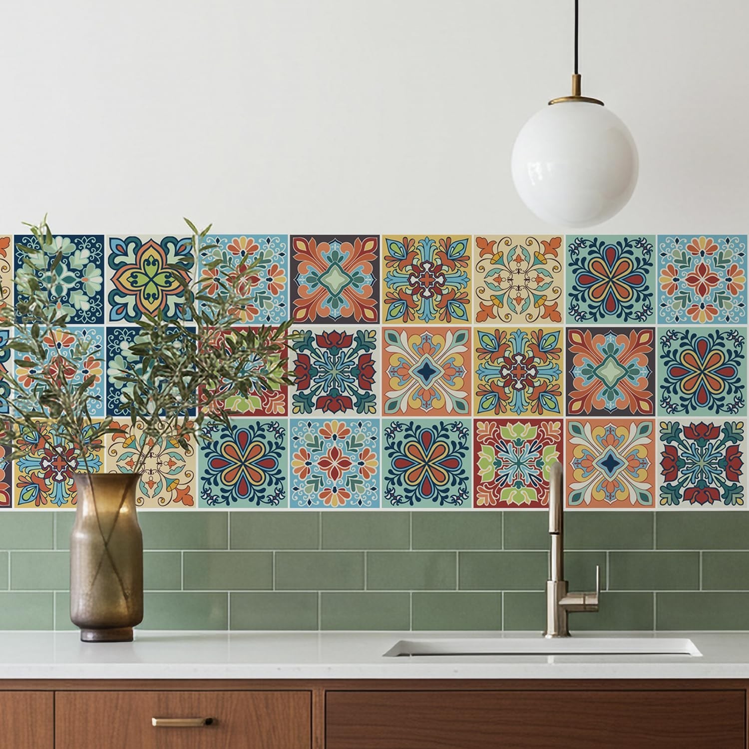 30 Pack, 4×4 Inch Colorful Bohemian Tile Stickers, Peel and Stick Patchwork V…