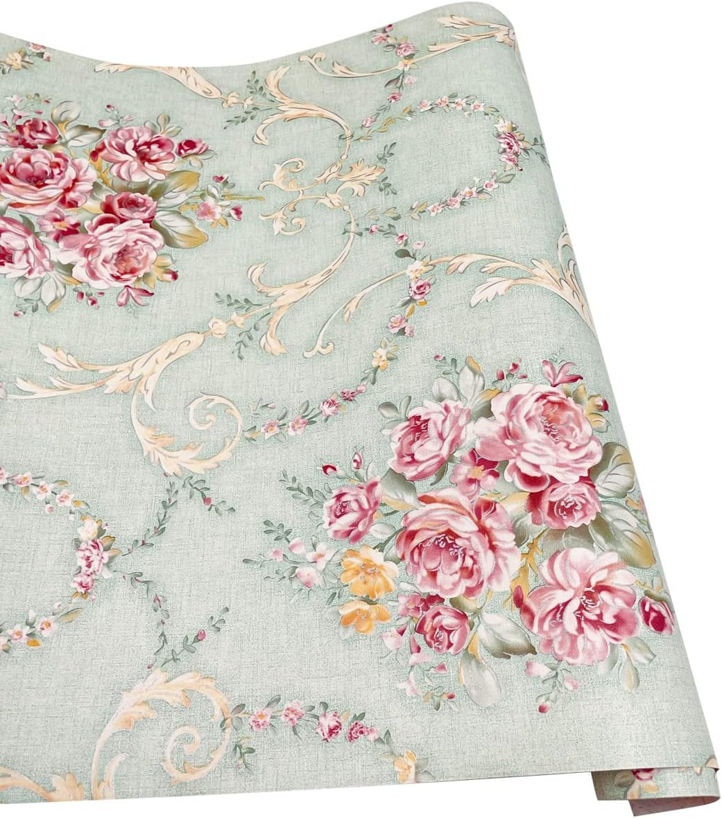 Retro Rose Furniture Paper Light Green Self-Adhesive Shelf Liner School Locker S
