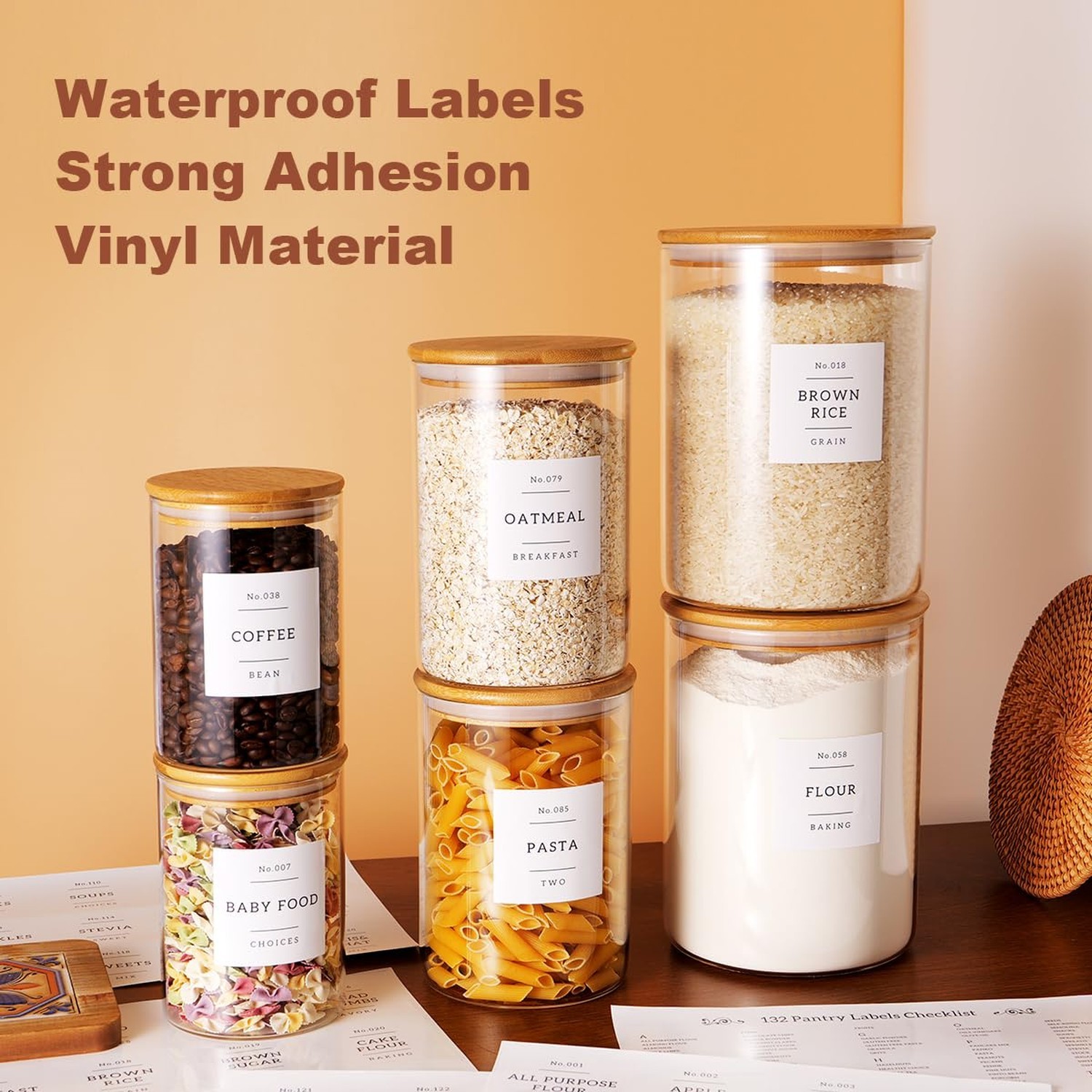 Set of 6 Glass Flour and Sugar jars with 132 Kitchen Pantry Labels – Thicken …