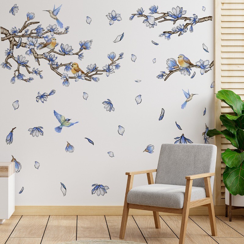 Wall Stickers Clings Decals Bird Tree Floral Home Decor PVC Blue Living Room