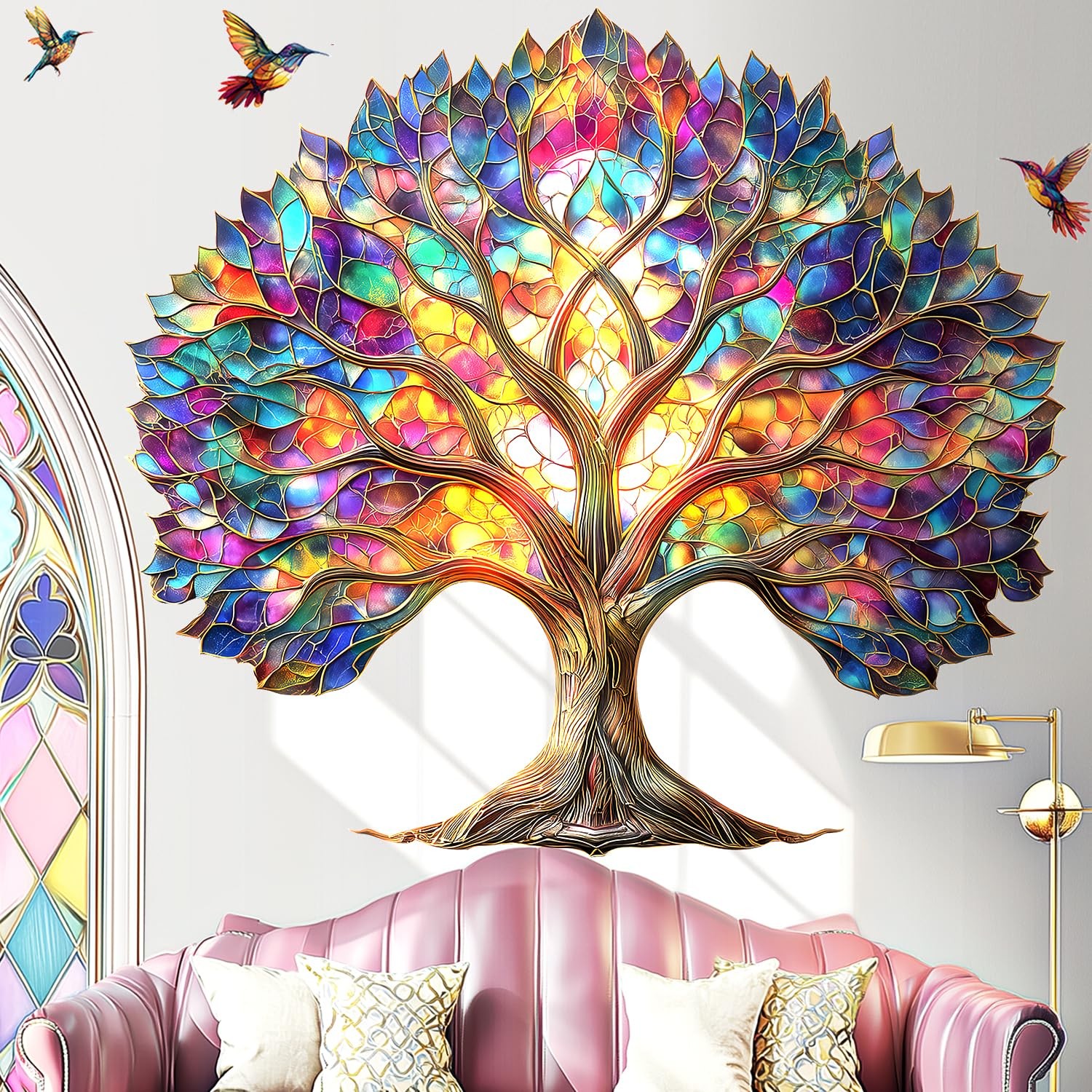 Vibrant Tree of Life Wall Decals Peel and Stick,Stained Glass Leaves Wall Sti…