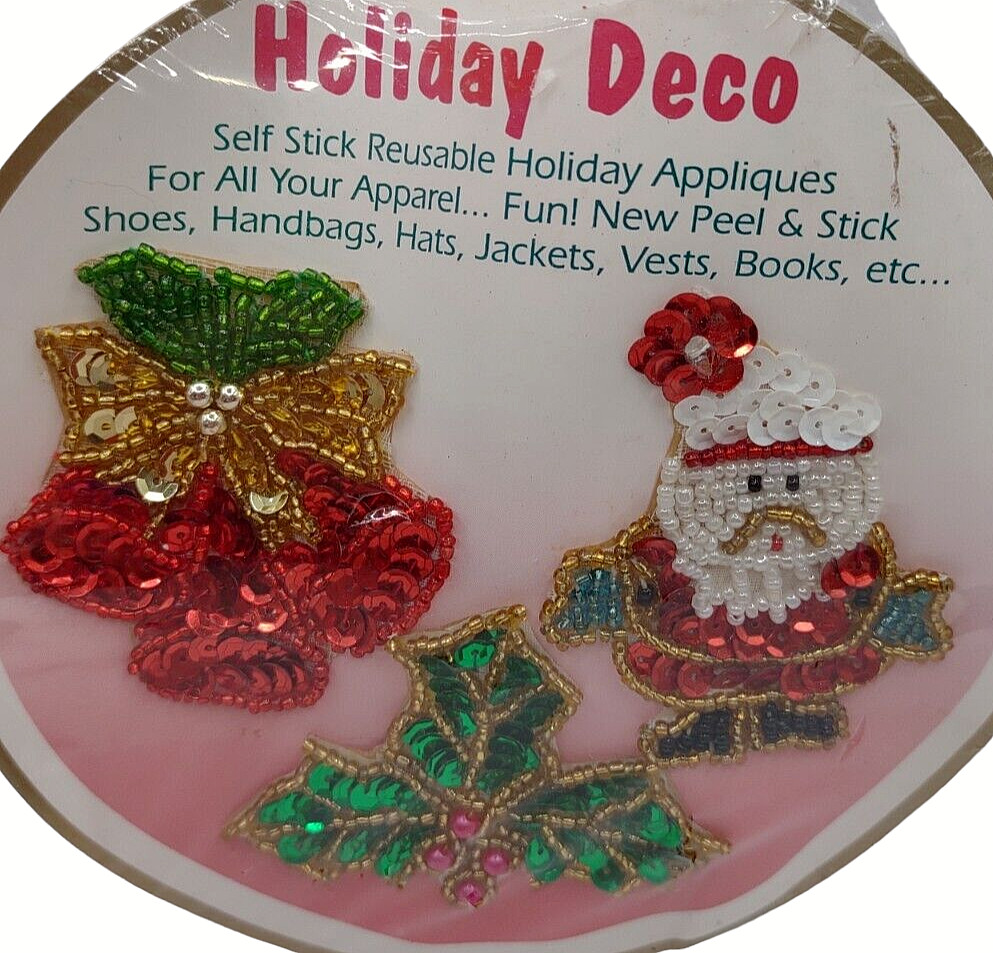 Vintage HOLIDAY DECO Self Stick Sequin Appliques Christmas Santa Bells Holly
