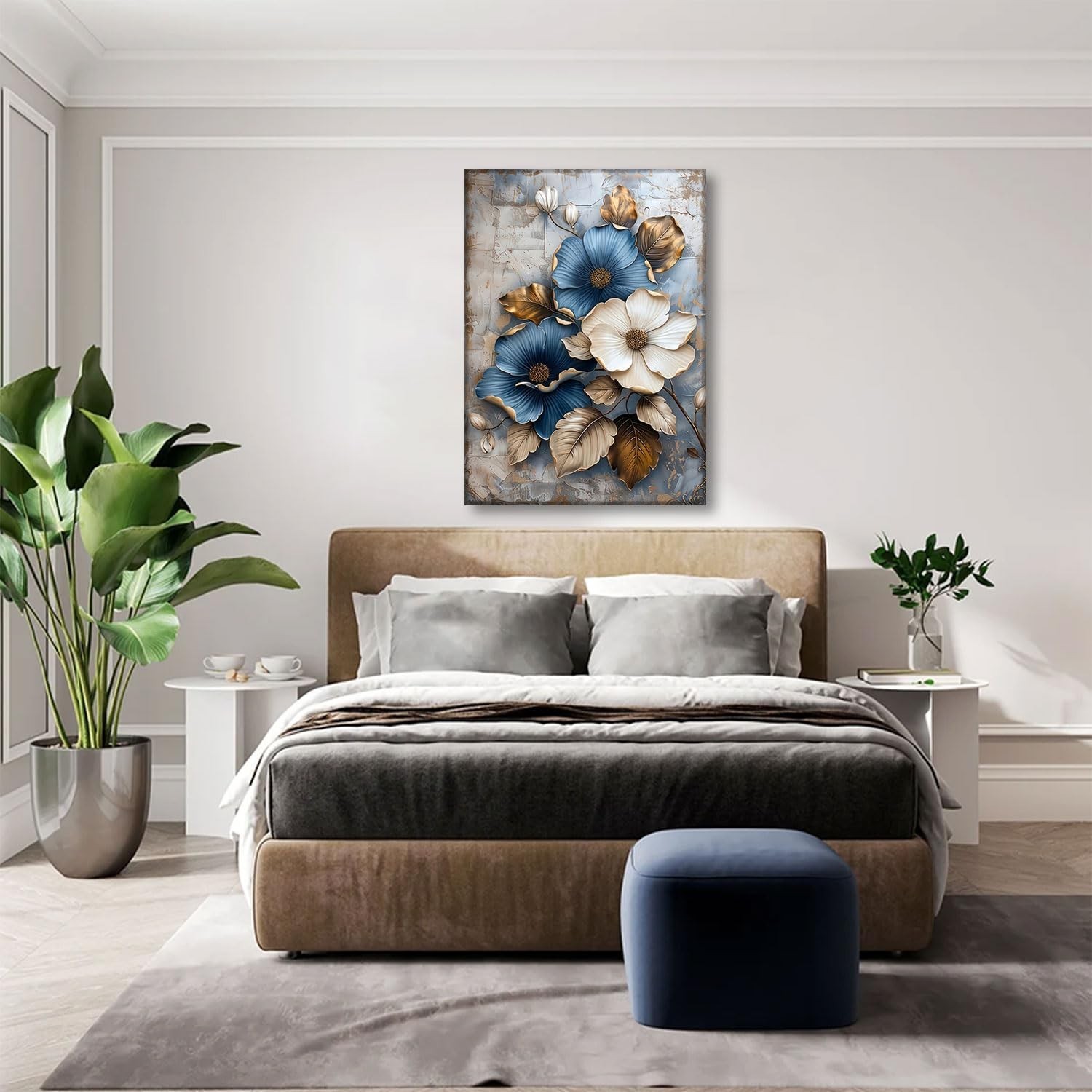Modern Floral Canvas Wall Art Blue and White Flower Market Wall Decor Picture…