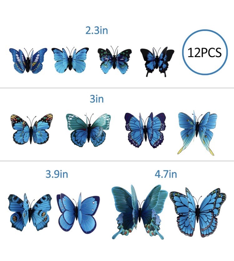 12 PCS Blue Butterfly Wall Decals Removable 3D Butterflies Sticker with Magnets