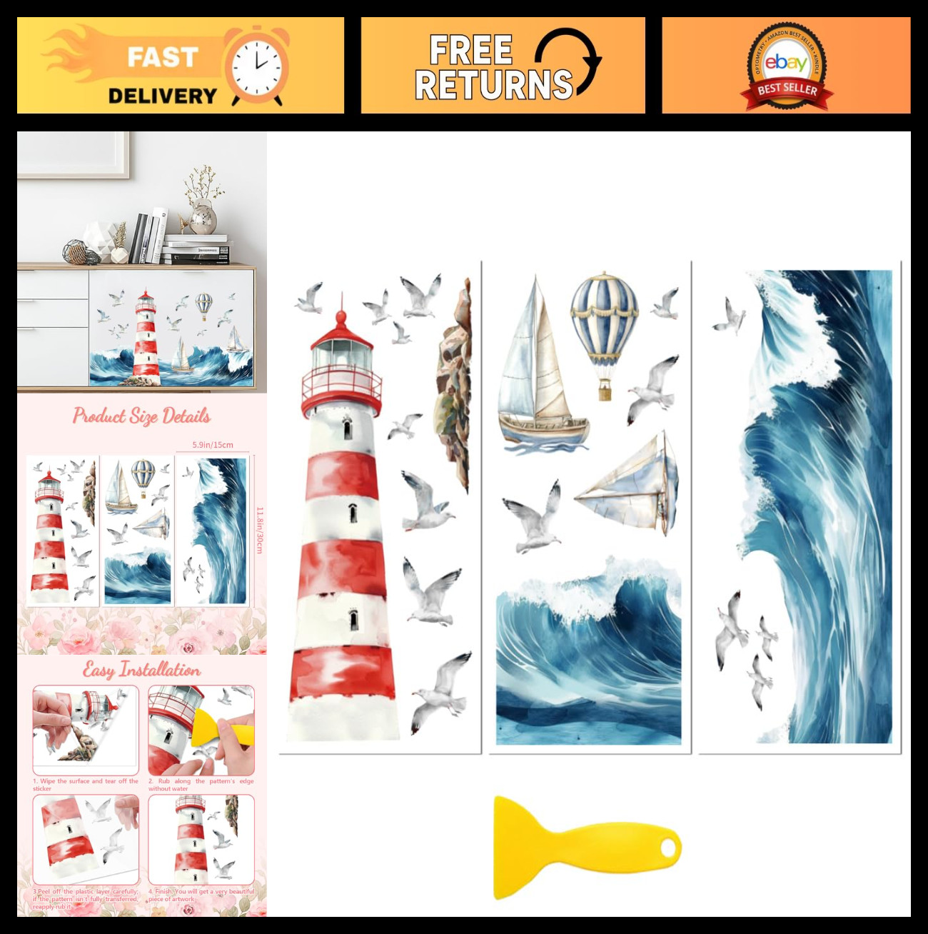 6"x12" Waterproof Waves & Lighthouse Transfer Decal Stickers for Furniture Craft