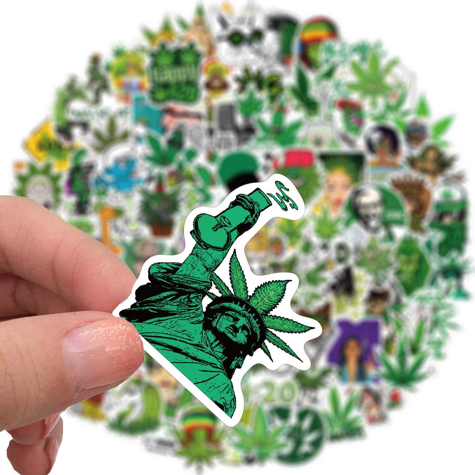 100PCS Stoner Weed Stickers, Vinyl Waterproof Green Marijuana Stickers
