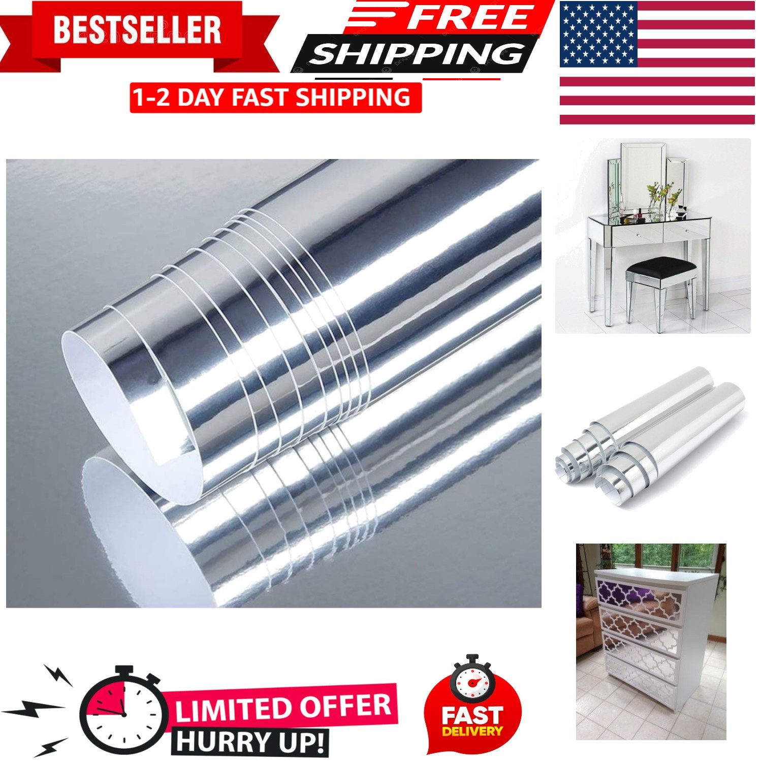 12"X78"Chrome Mirror Silver Vinyl Wrap Sticker Decal Film Sheet,Self-Adhesive