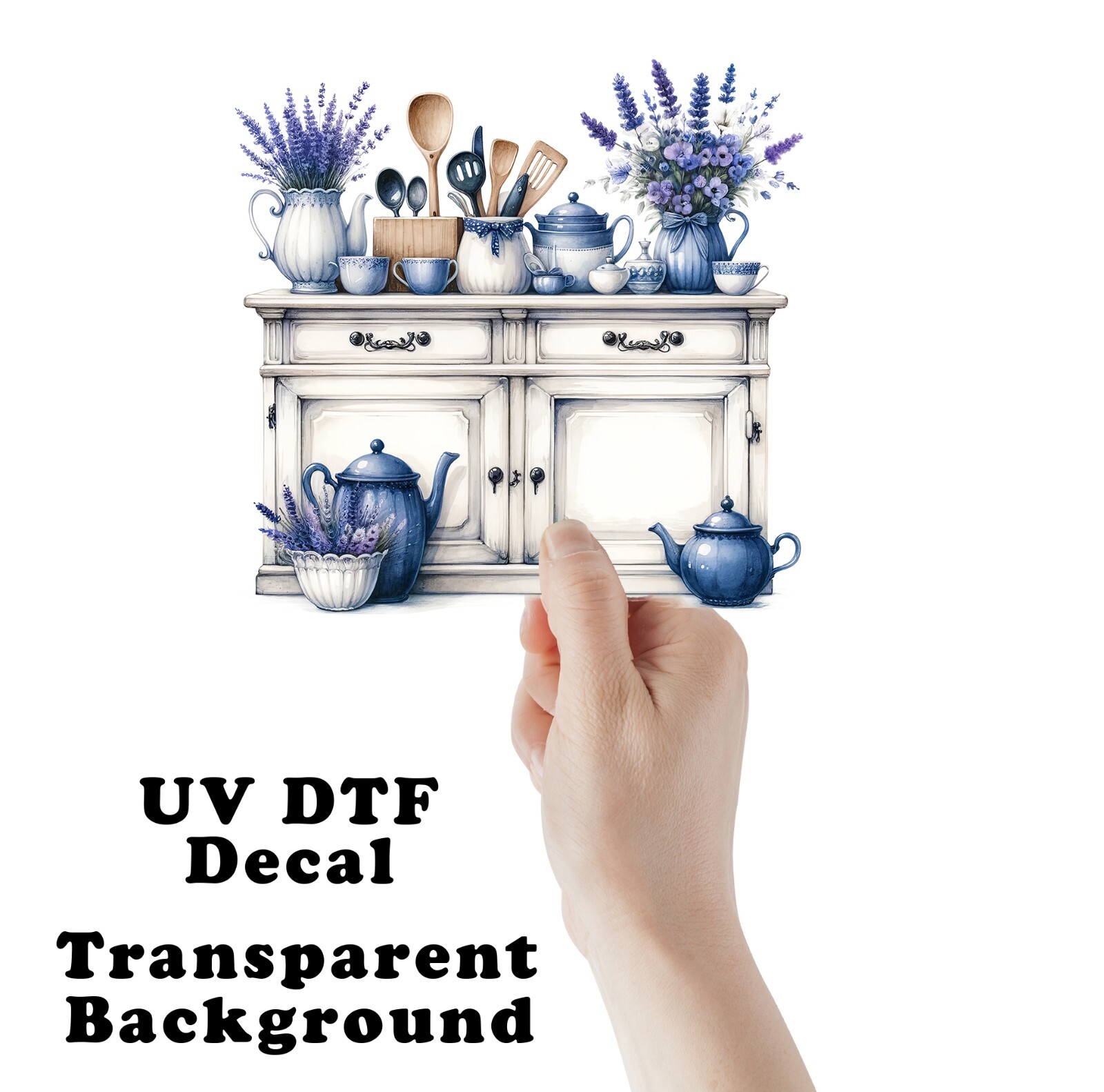 Navy Blue and White Shabby Kitchen UV DTF Transparent Sticker / Decal