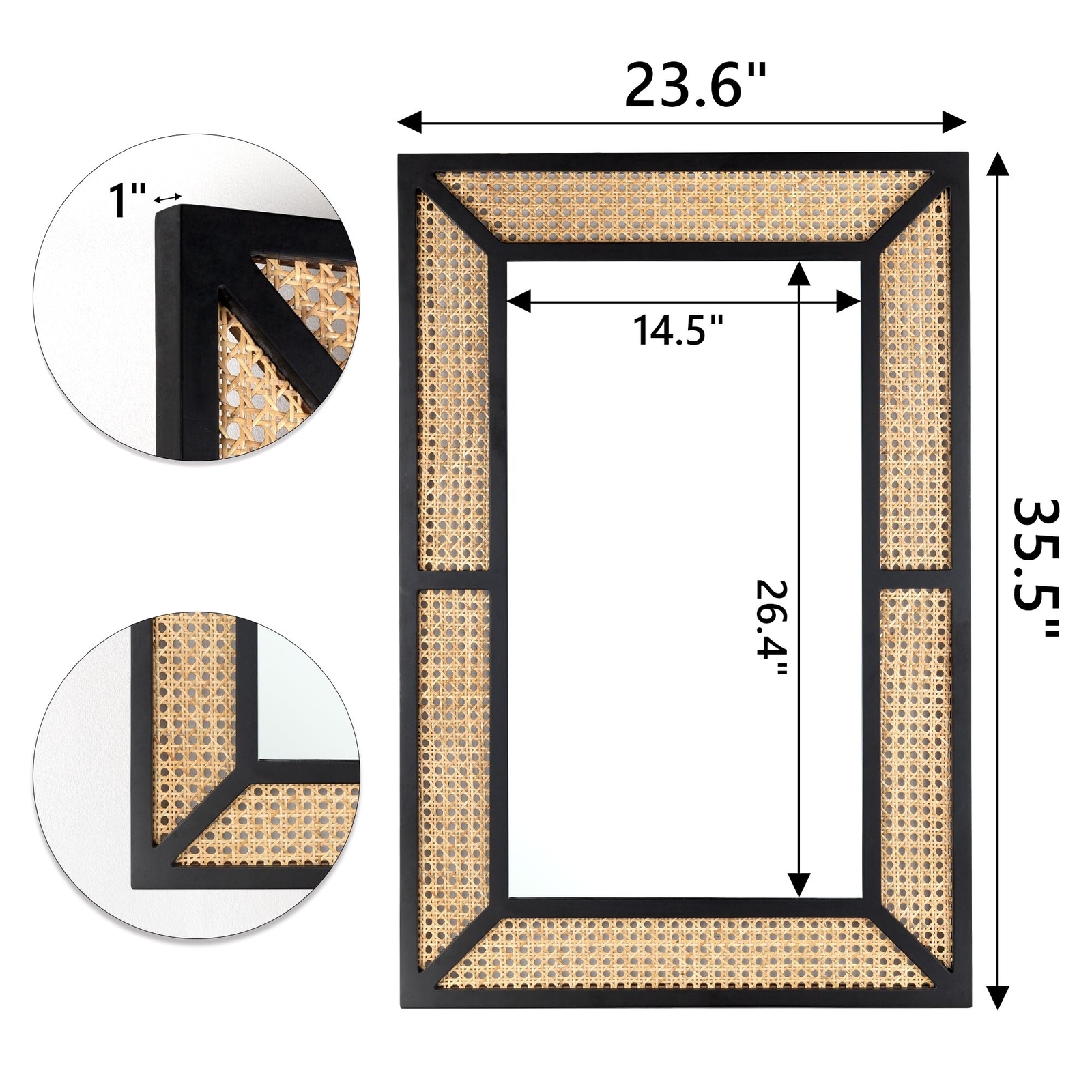 Rattan Mirror for Wall Decor Bohemian Rectangular Large Mirror, Boho Decorati…