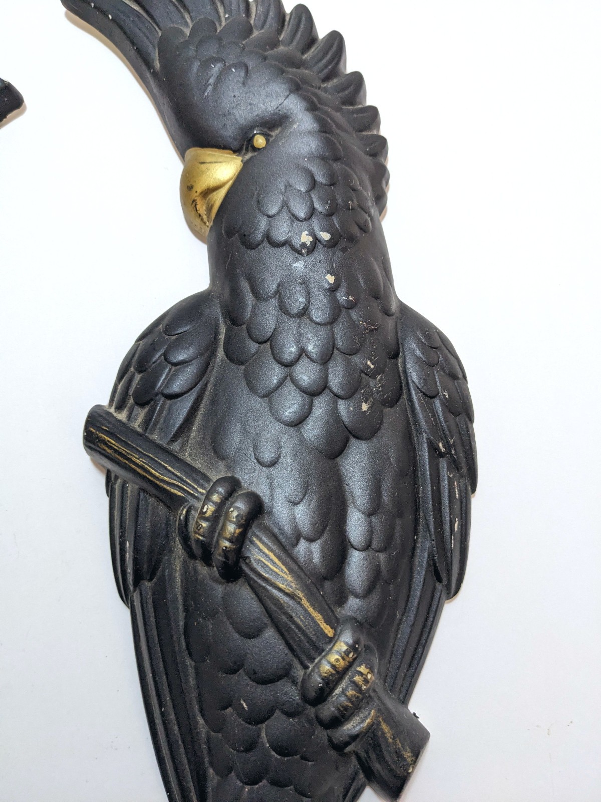 Vtg 1957 Miller Studio Chalkware Cockatoo Wall Plaques Pair Black Gold MCM Birds