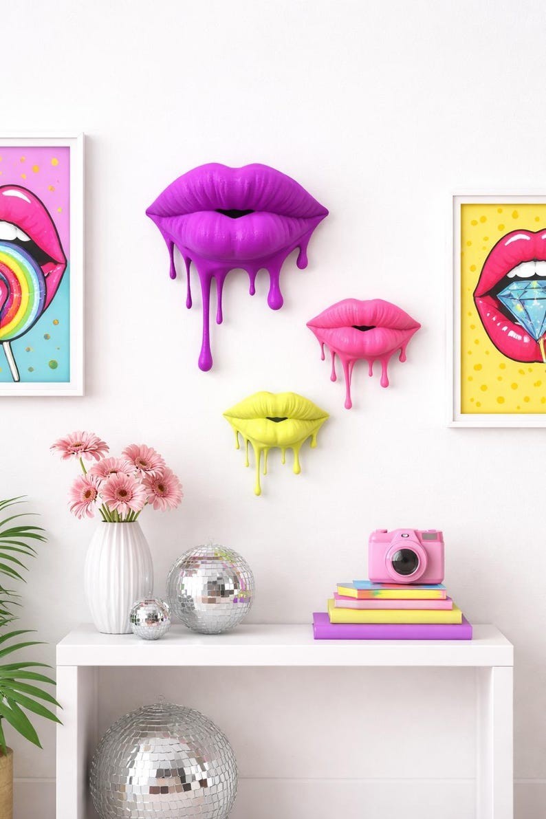3D Effect Pop Art Lips Wall Decal, Purple & Yellow Dripping Lips Wall Decor