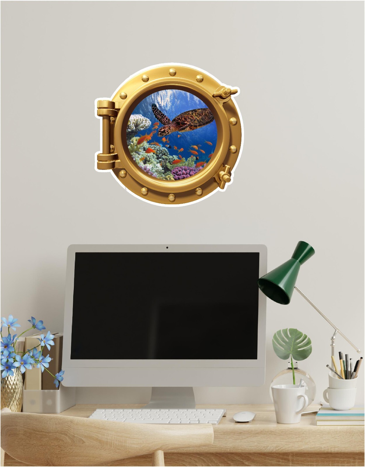 Ocean Coral Reef Turtle Fish Porthole Sticker Cute Decal Sea Beach Theme 16"x16"