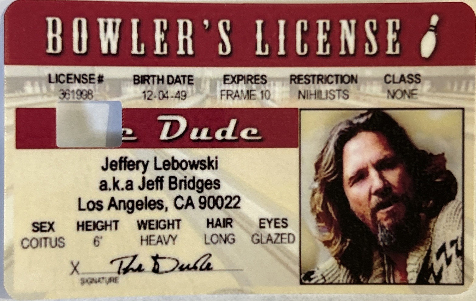 The Dude Jeff Lebowski Bowler’s License The Big Lebowski Credit Debit Card Skin