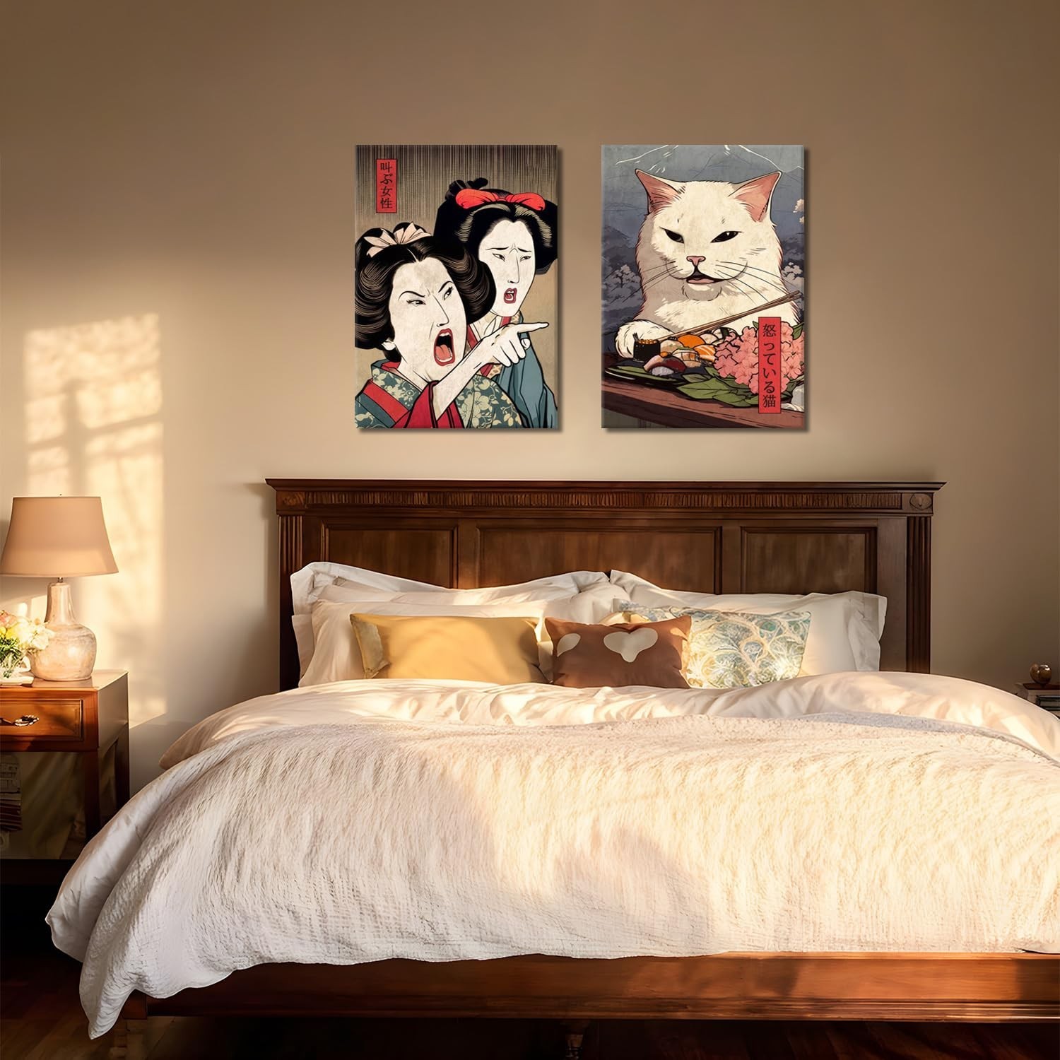 Funny Anime Posters Japanese Decor Set of 2 – Woman Yelling at Cat Canvas Wal…