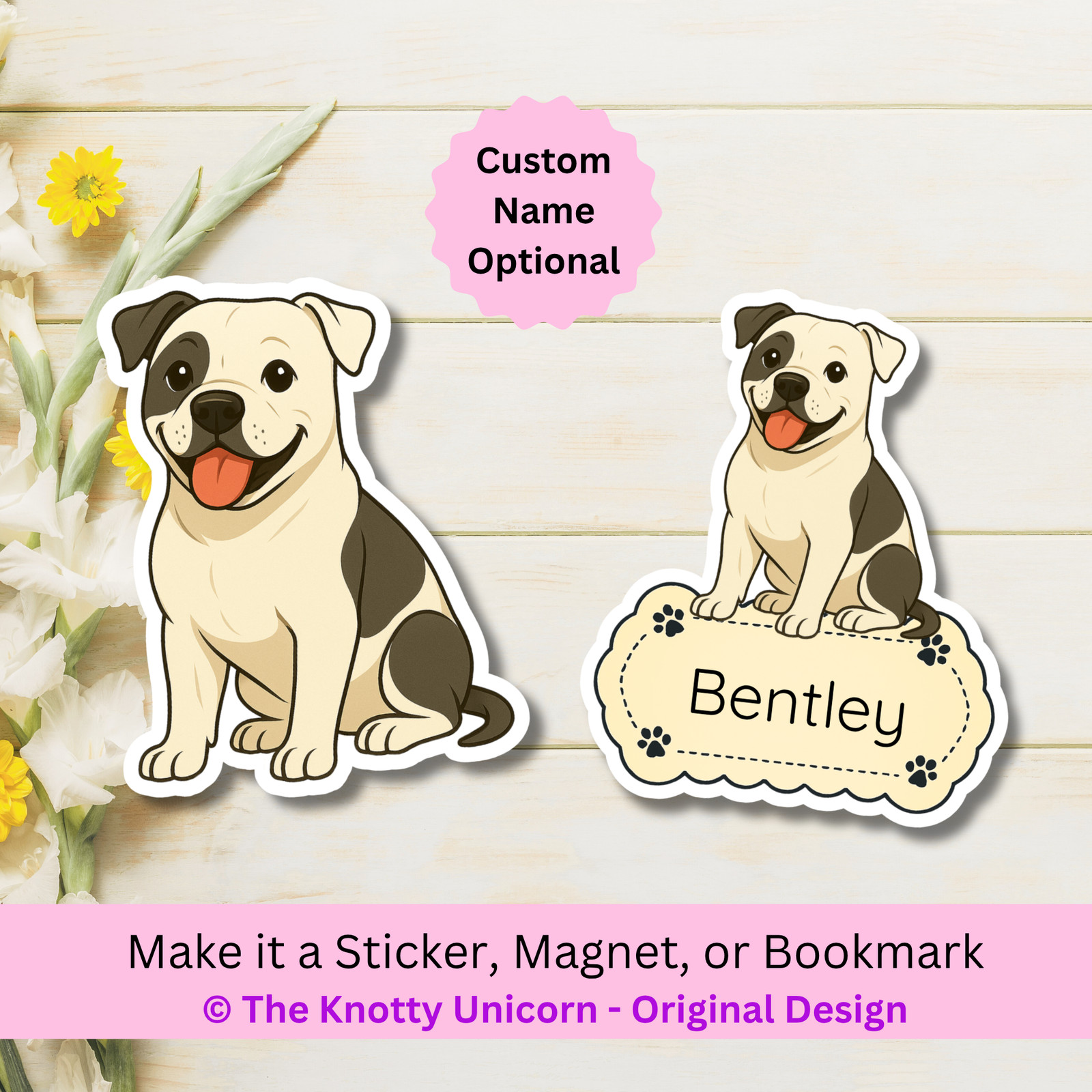 Personalized American Bulldog Dog Sticker Magnet Bookmark – White and Black Patc