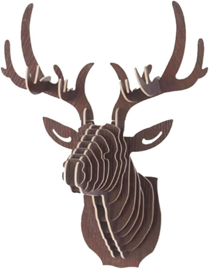 Portrait Hanging Deer Head Wall Art – Rustic Wooden Puzzle for Home Decor