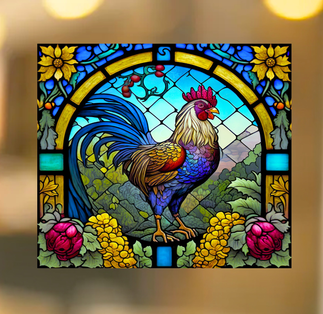 Rooster Faux Stained-Glass WINDOW CLING Size 9" Repositionable Vinyl