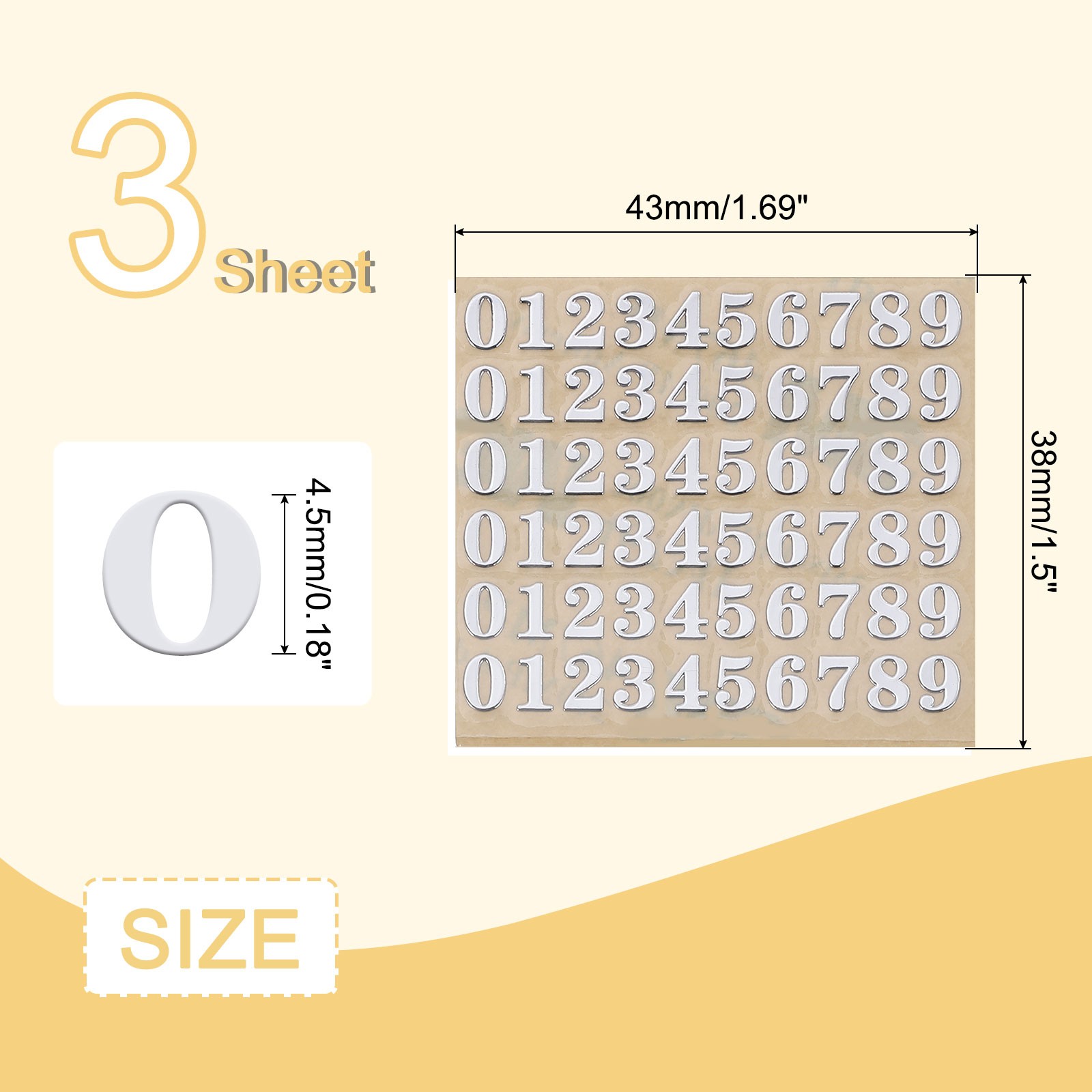 3 Sheets 4.5mm/0.18inch Mini Number Stickers Number 0-9 Sticker Silver