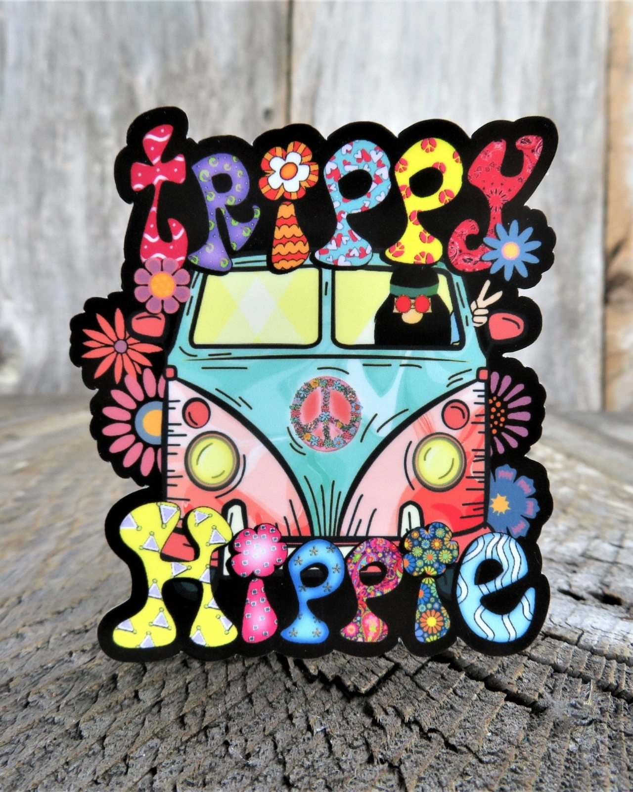 Trippy Hippie Sticker Van Peace Sign Flower Power Colored Retro Bus Car
