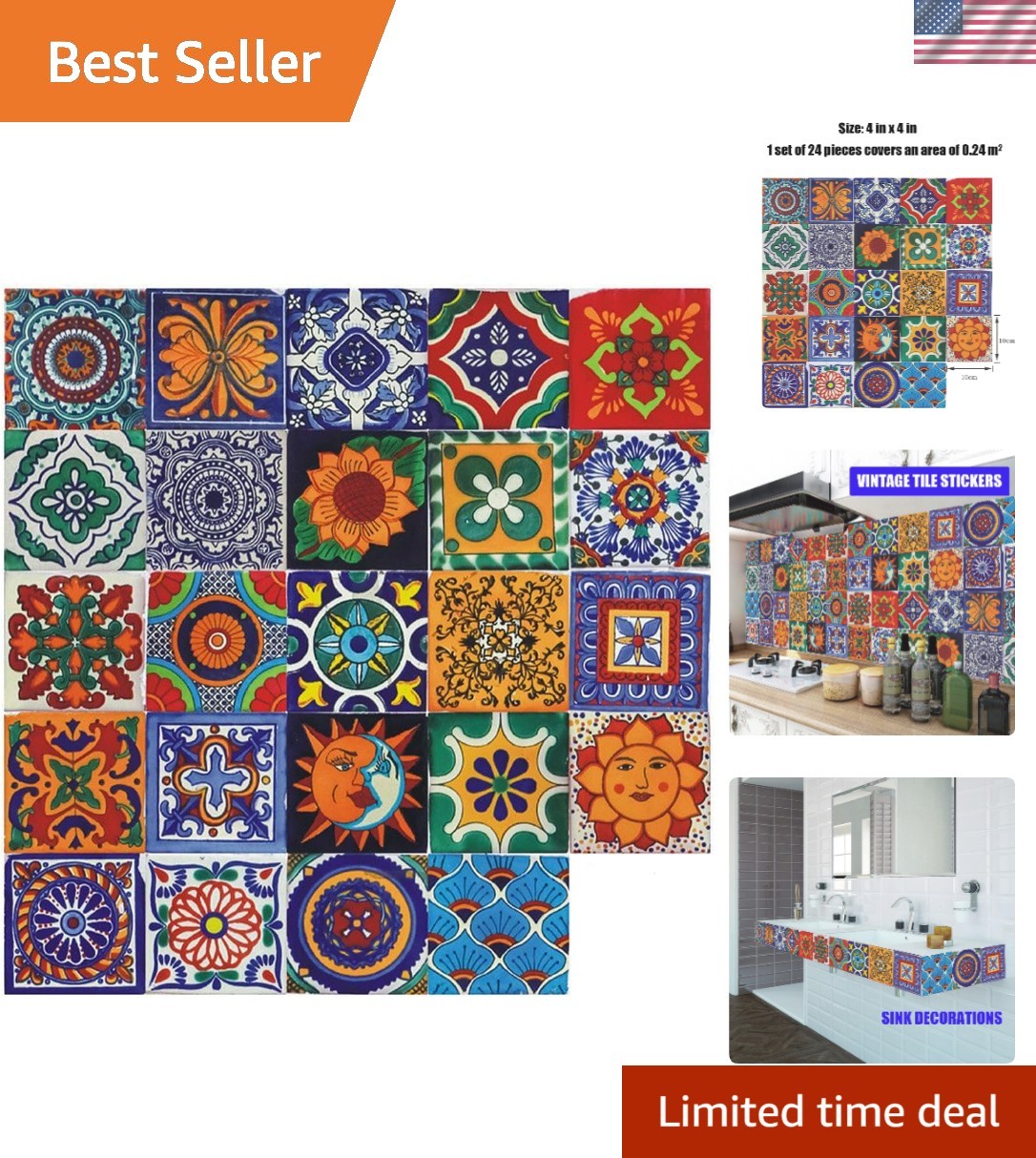 Retro Bohemian Tile Stickers – 24 Waterproof Wall Decals for DIY Decor