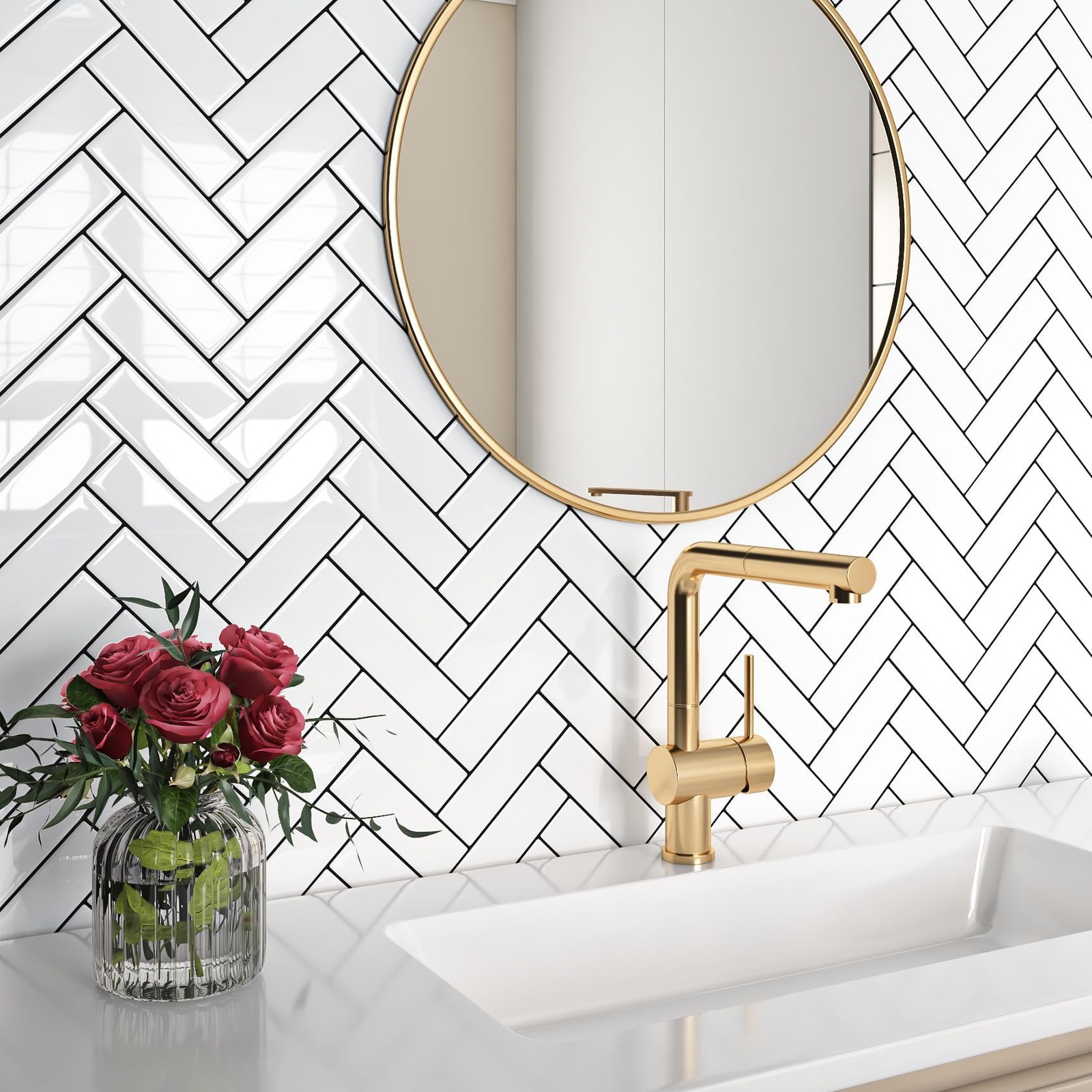 White Herringbone Subway Tile Peel and Stick Backsplash for Kitchen Wall Bath…