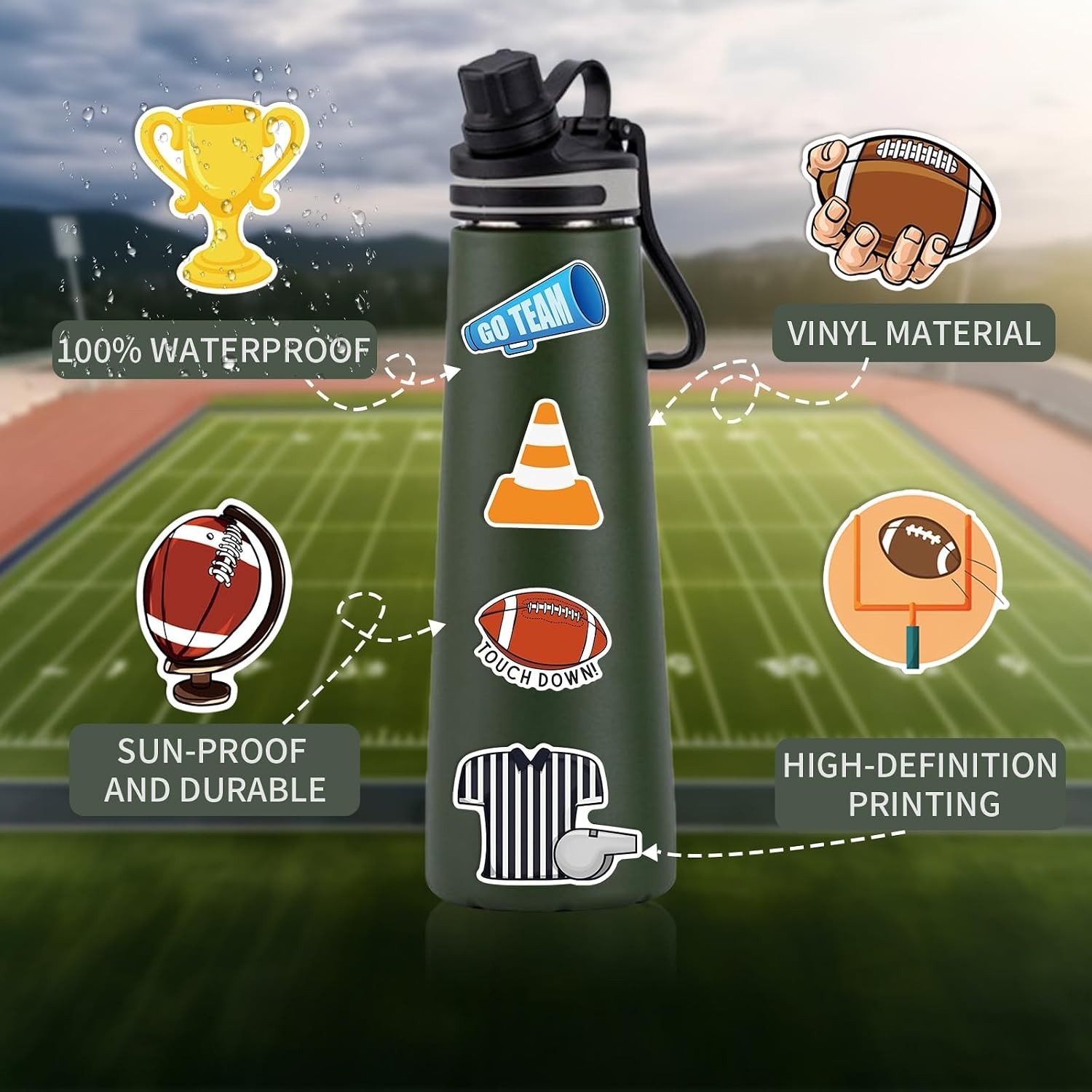 105 PCS Football Stickers Water Bottle Bulk Vinyl American Stickers for Lapto…