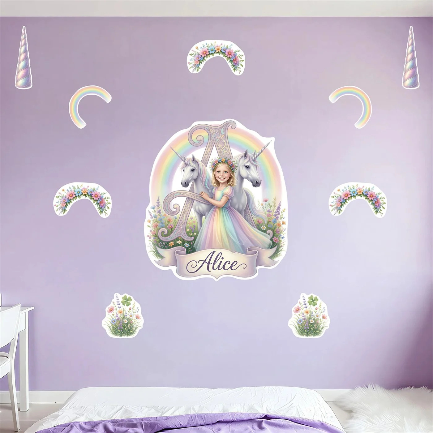 Personalized Princess Wall Decal Set Custom Girl Photo Name 10 Piece Unicorn