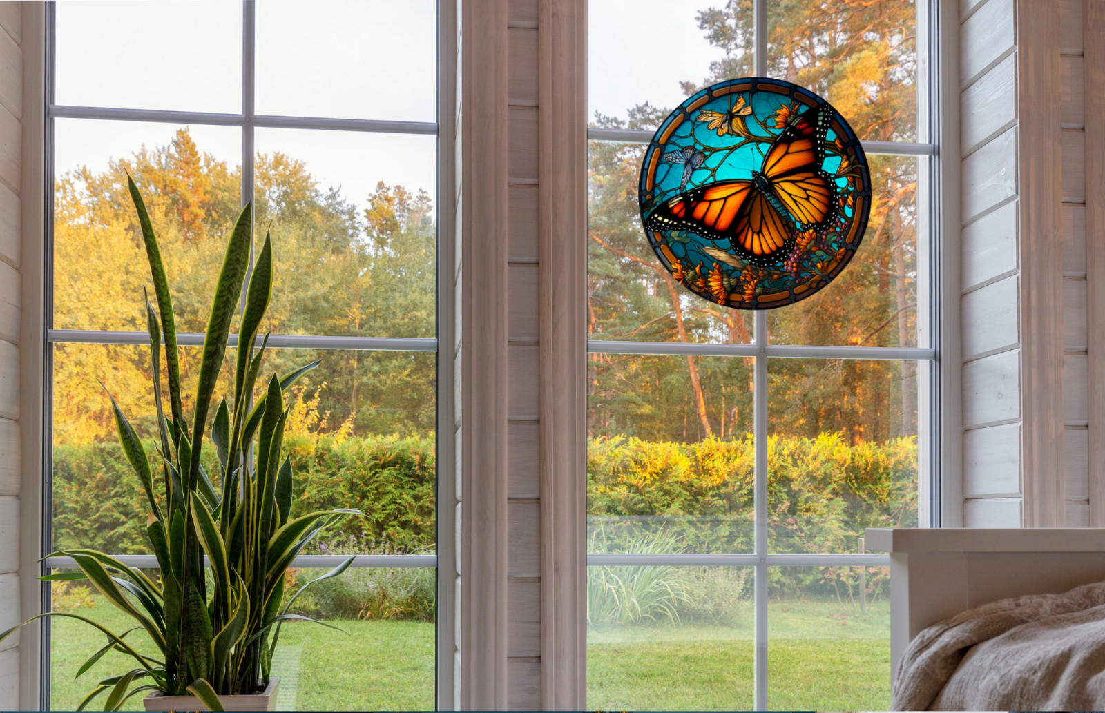 Monarch Butterfly Faux Stained-Glass WINDOW CLING Size 8" Round Vinyl