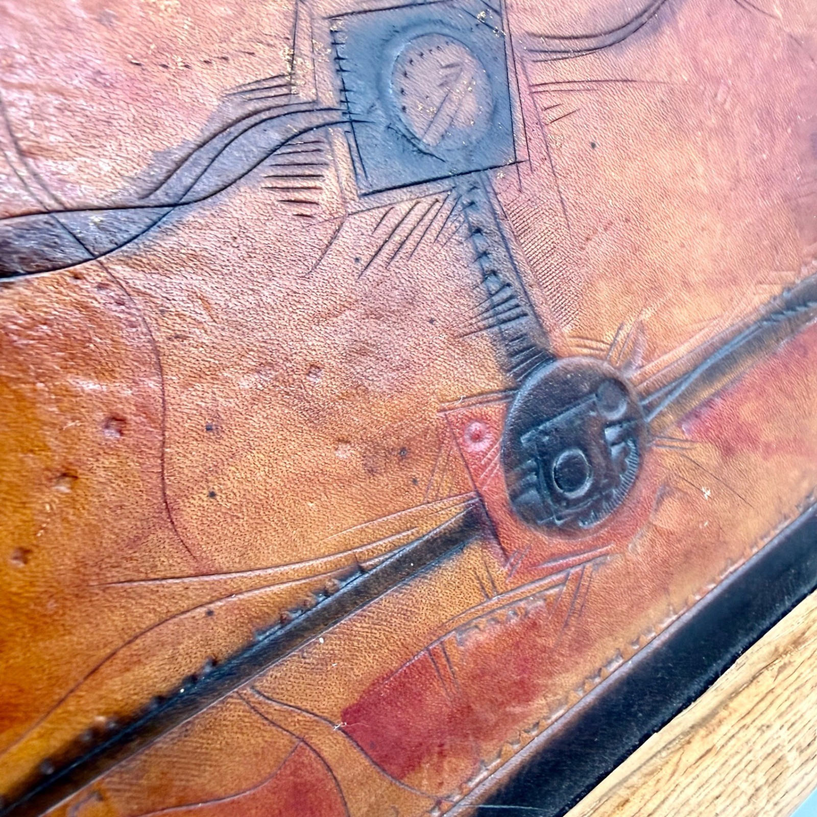 Vintage Tooled Leather Abstract Geometric Brutalist Wall Art Signed 96